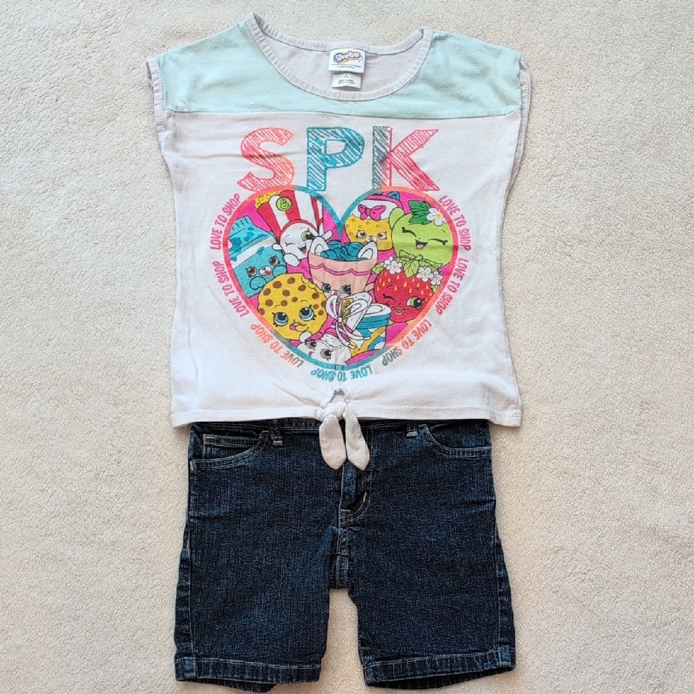Girls 2pc Outfit 7/8 Shopkins Knot Top & Faded Glory Denim Shorts
